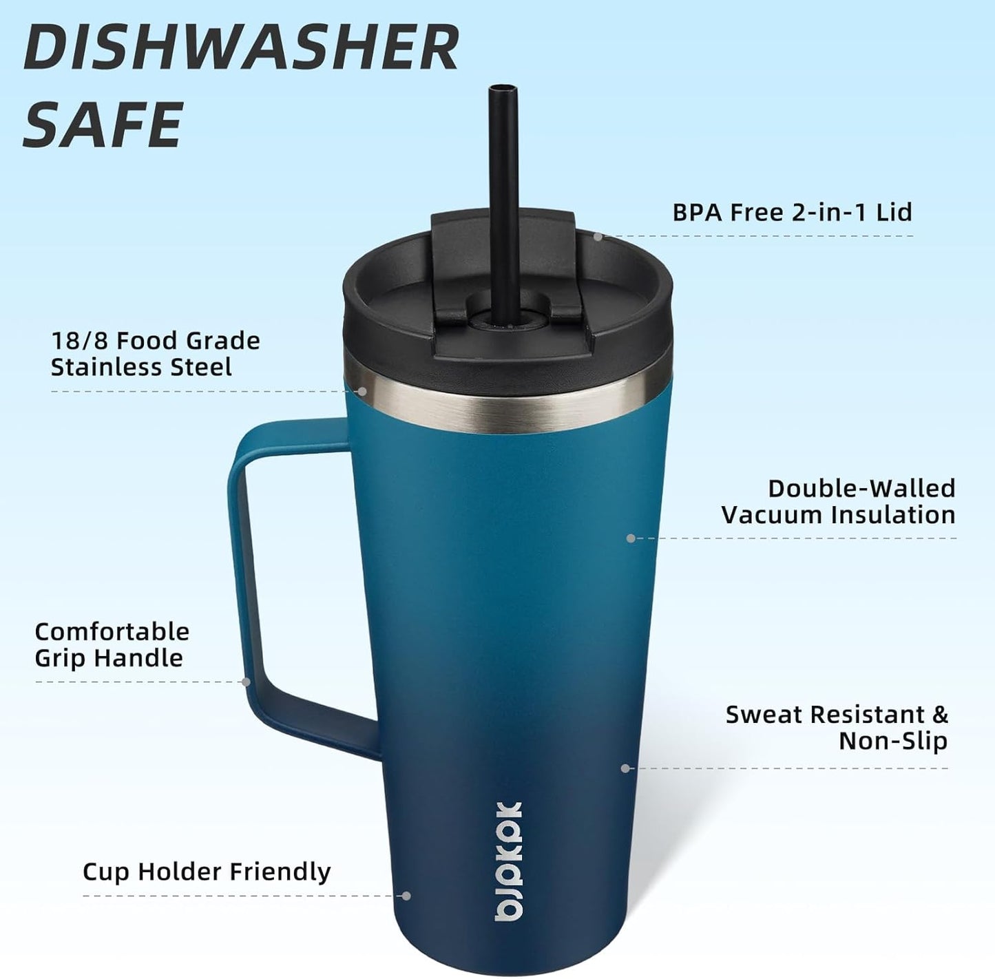 26oz Insulated Tumbler with Handle, Lid & Straw, Stainless Steel | Double Wall Vacuum Insulated Coffee Travel Mug - Keeps Cold & Hot, BPA Free, Cupholder Fit for Office, Gym & Travel