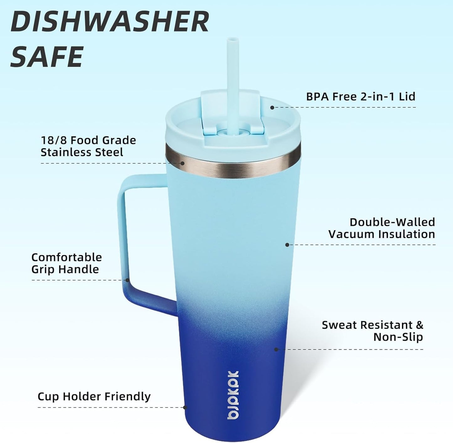 26oz Insulated Tumbler with Handle, Lid & Straw, Stainless Steel | Double Wall Vacuum Insulated Coffee Travel Mug - Keeps Cold & Hot, BPA Free, Cupholder Fit for Office, Gym & Travel