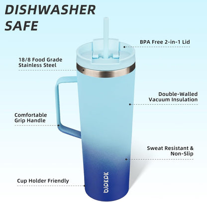 26oz Insulated Tumbler with Handle, Lid & Straw, Stainless Steel | Double Wall Vacuum Insulated Coffee Travel Mug - Keeps Cold & Hot, BPA Free, Cupholder Fit for Office, Gym & Travel