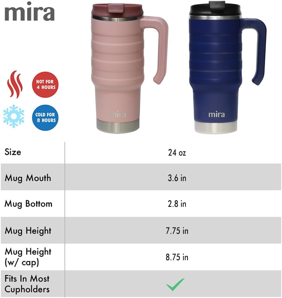 24 oz Insulated Travel Mug - Stainless Steel Coffee Cup with Spill-Proof Flip Lid & Handle - Hot/Cold Car Tumbler - Punch