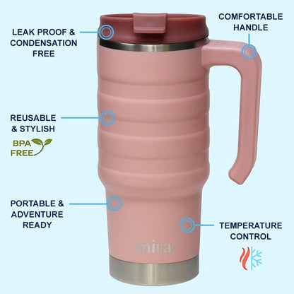 24 oz Insulated Travel Mug - Stainless Steel Coffee Cup with Spill-Proof Flip Lid & Handle - Hot/Cold Car Tumbler - Punch