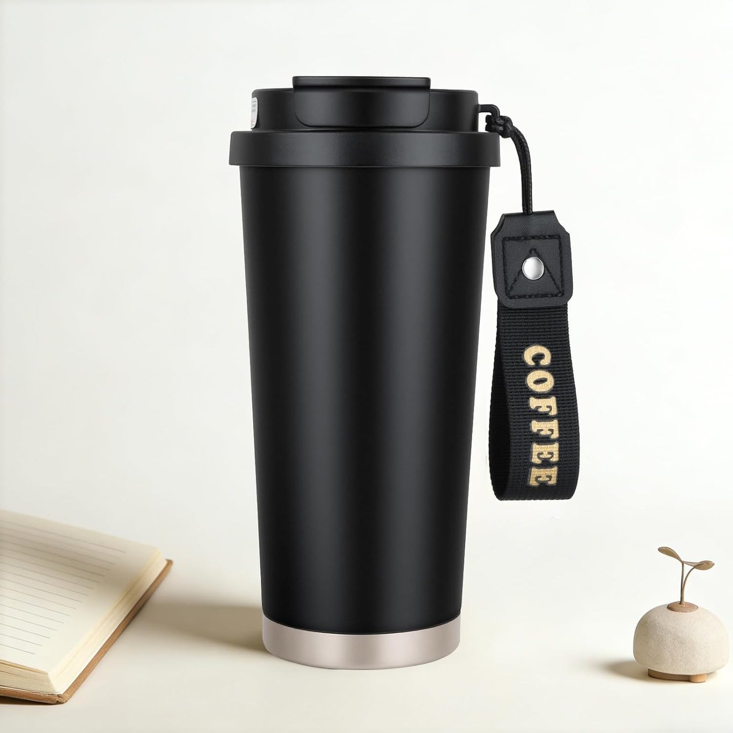 Black Insulated 316 Coffee Travel Mug Stainless Water Bottle 18oz | Versatile 2-in-1 Design,With Straw And Flip Lid With Carrying Rope,Large Capacity ,For Office School, Party ,Camping.