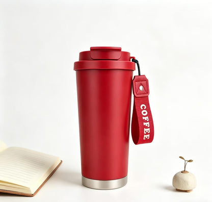 Black Insulated 316 Coffee Travel Mug Stainless Water Bottle 18oz | Versatile 2-in-1 Design,With Straw And Flip Lid With Carrying Rope,Large Capacity ,For Office School, Party ,Camping.