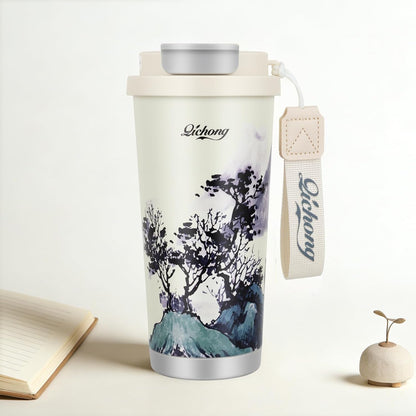 Black Insulated 316 Coffee Travel Mug Stainless Water Bottle 18oz | Versatile 2-in-1 Design,With Straw And Flip Lid With Carrying Rope,Large Capacity ,For Office School, Party ,Camping.