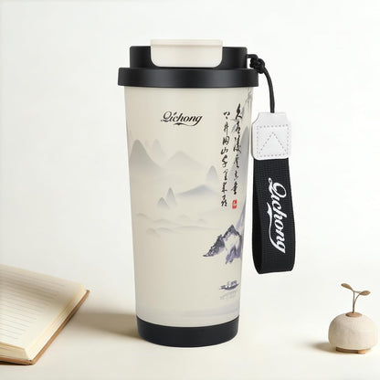 Black Insulated 316 Coffee Travel Mug Stainless Water Bottle 18oz | Versatile 2-in-1 Design,With Straw And Flip Lid With Carrying Rope,Large Capacity ,For Office School, Party ,Camping.