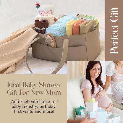 Faux Leather Baby Diaper Caddy Organizer in Tan - Changing Table and Car Caddy, Nursery Diaper Storage Basket for Diapers and Wipes