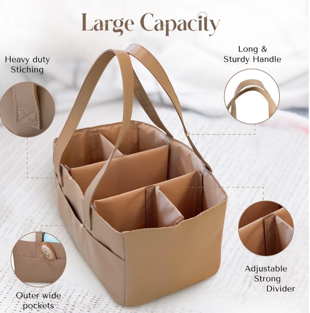 Faux Leather Baby Diaper Caddy Organizer in Tan - Changing Table and Car Caddy, Nursery Diaper Storage Basket for Diapers and Wipes