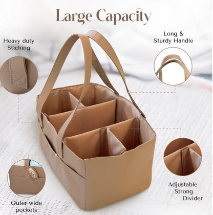 Faux Leather Baby Diaper Caddy Organizer in Tan - Changing Table and Car Caddy, Nursery Diaper Storage Basket for Diapers and Wipes