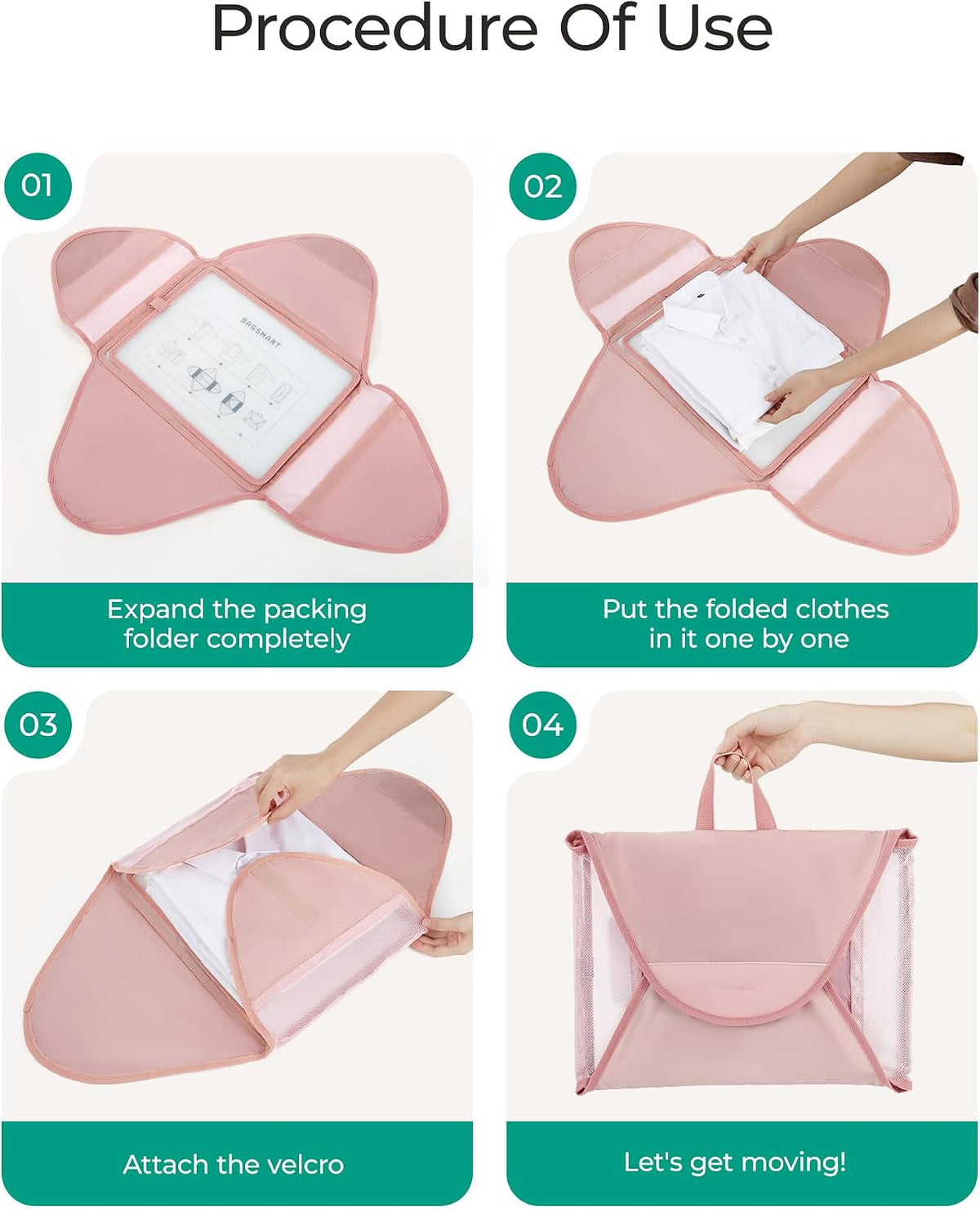 Garment Folder Packing Cubes for Travel, 4 Set Lightweight Travel Cubes for Wrinkle Free, Durable Suitcase Organizers Bag Set for Travel Essentials Baby Pink