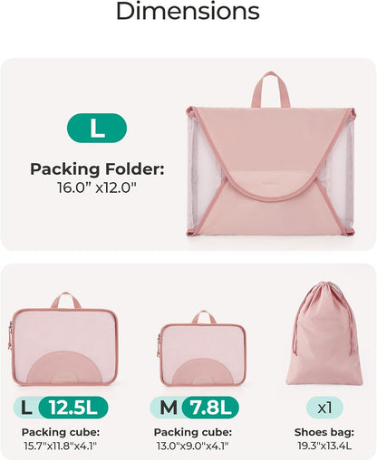 Garment Folder Packing Cubes for Travel, 4 Set Lightweight Travel Cubes for Wrinkle Free, Durable Suitcase Organizers Bag Set for Travel Essentials Baby Pink