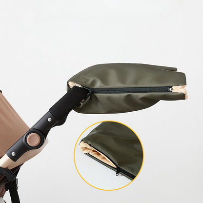 Winter Stroller Hand Muff, Waterproof Fleece Lined Pushchair Hand Warmer with 3-Side Zipper, Windproof Rainproof Pram Gloves, Universal Fit for One-Bar Handle Baby Stroller Parent Accessory