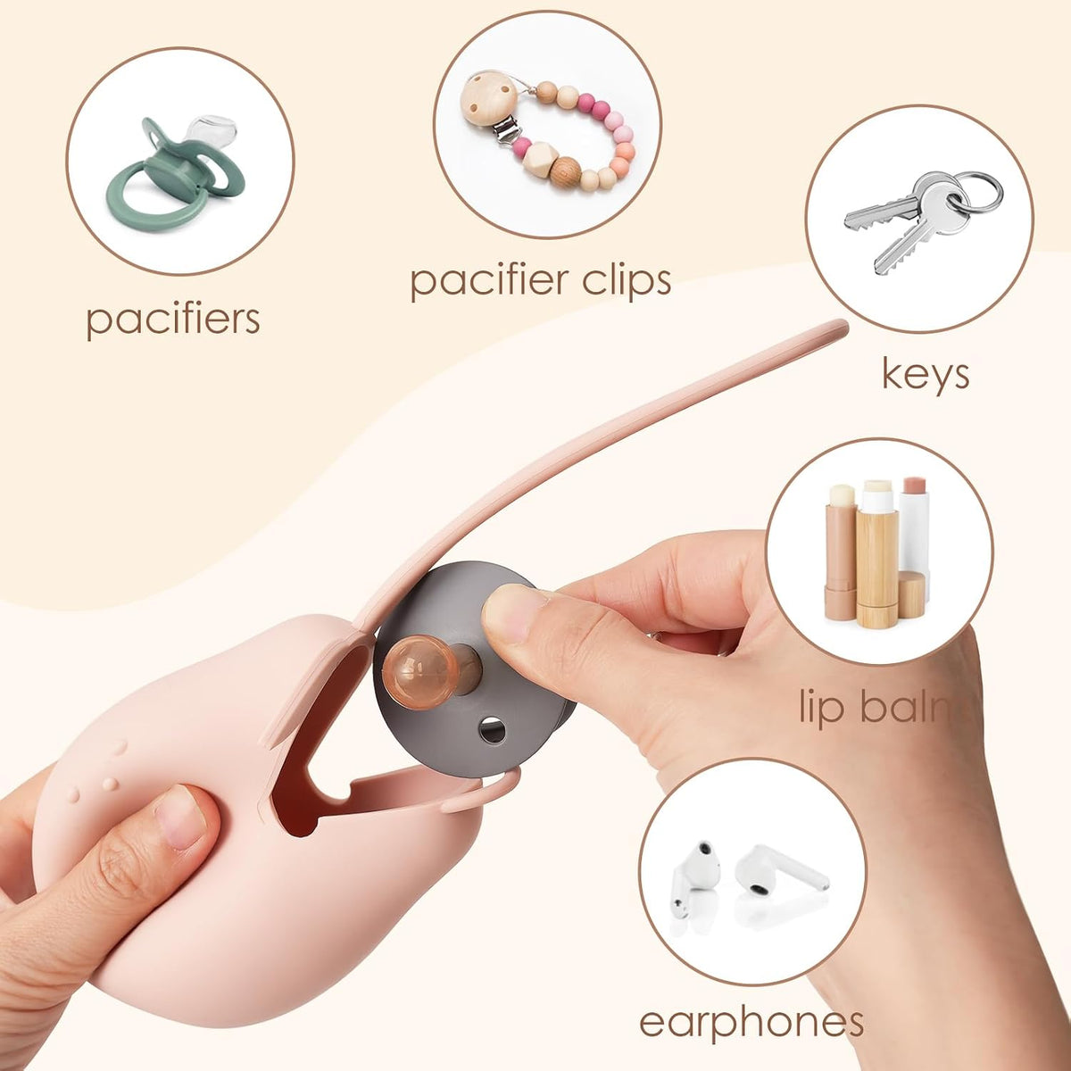 Silicone Pacifier Holder Case, Baby Paci Storage Case Silicone, Portable Leakproof One-Piece BPA-Free Set of 3-Ivory Sage Brown