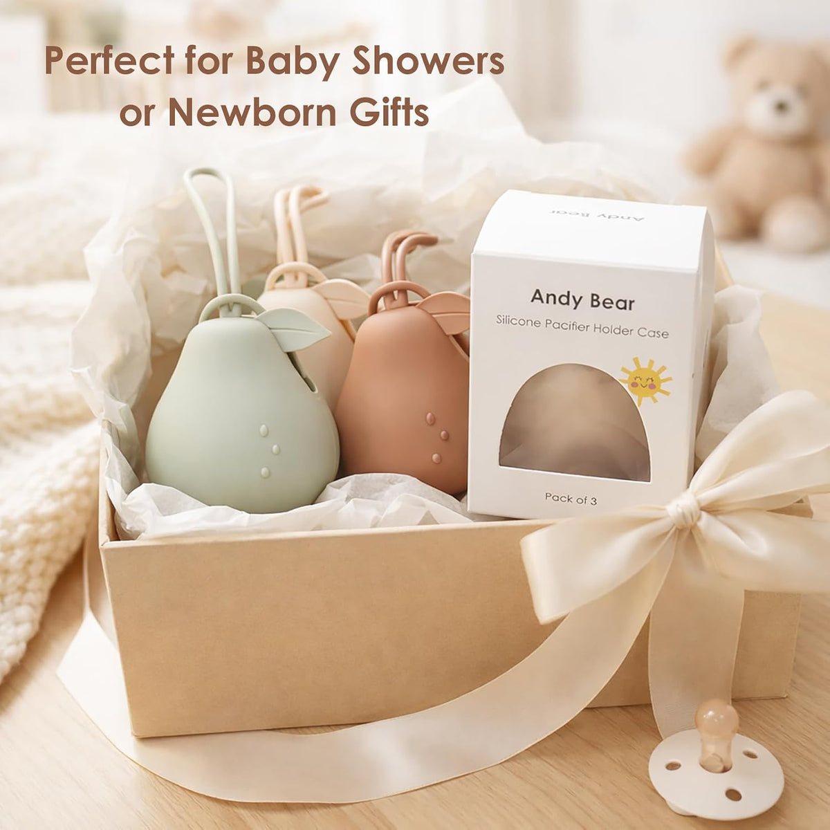 Silicone Pacifier Holder Case, Baby Paci Storage Case Silicone, Portable Leakproof One-Piece BPA-Free Set of 3-Ivory Sage Brown