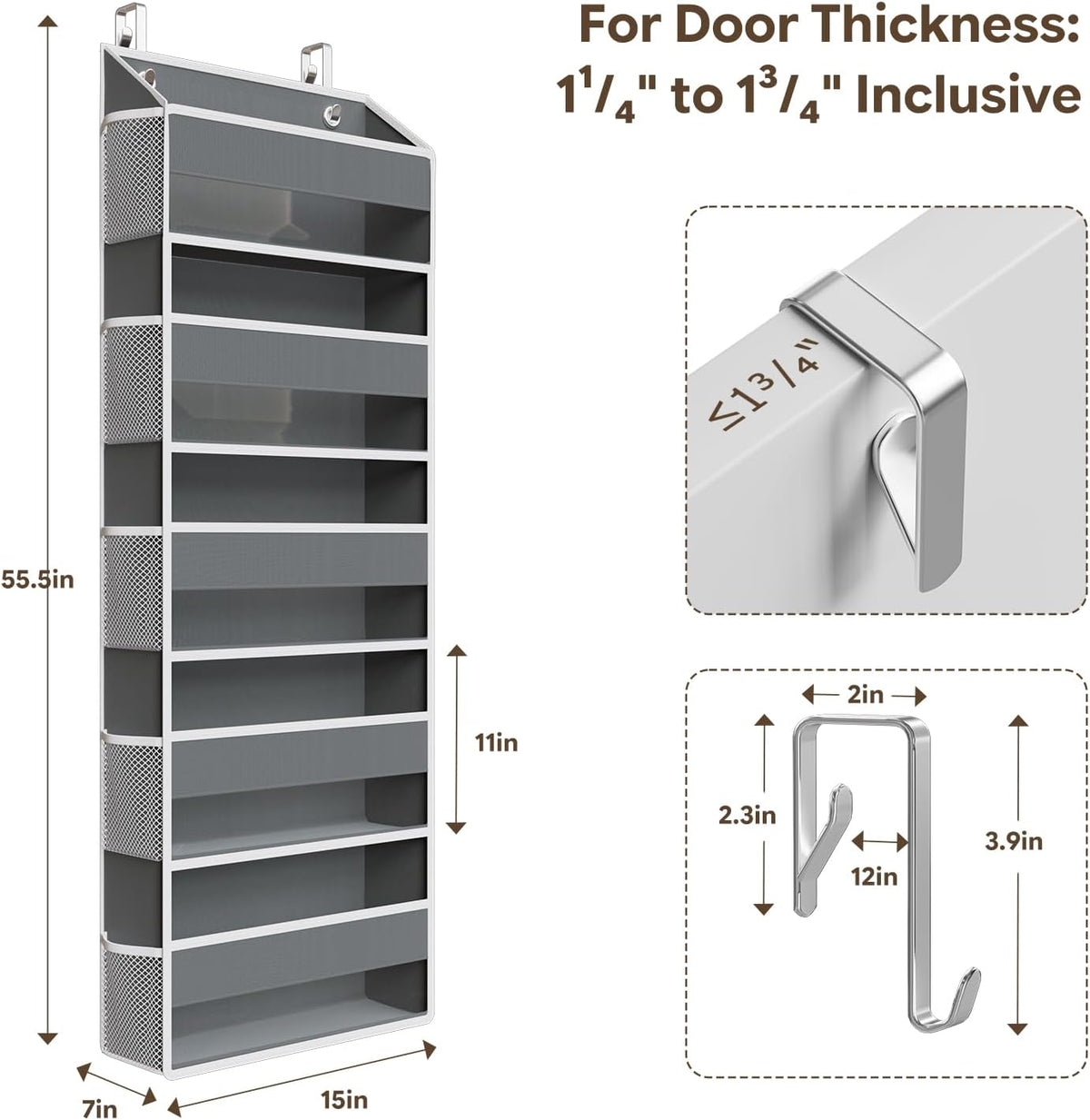 Over The Door Organizer with 10 Side Pockets, Dark Grey