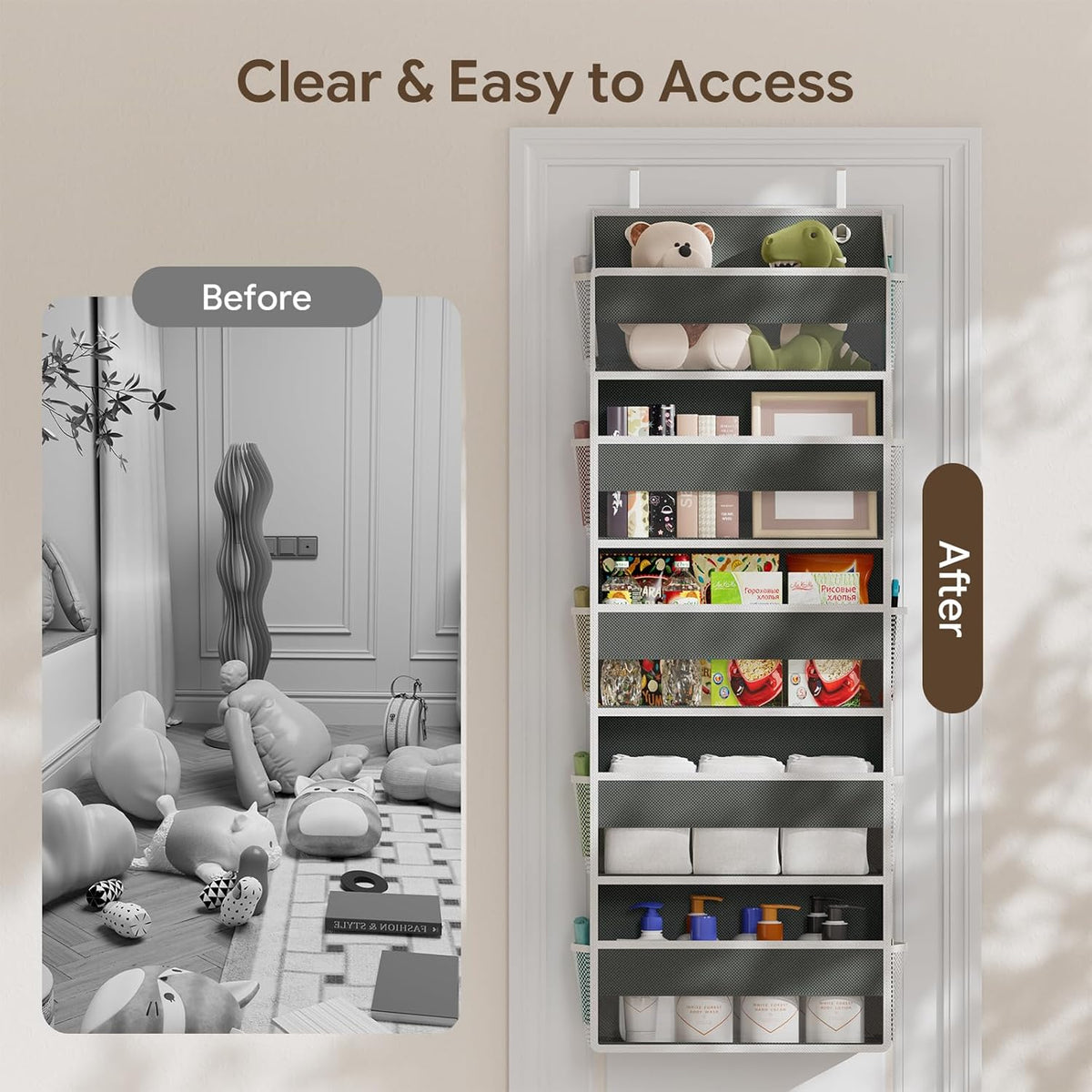 Over The Door Organizer with 10 Side Pockets, Dark Grey