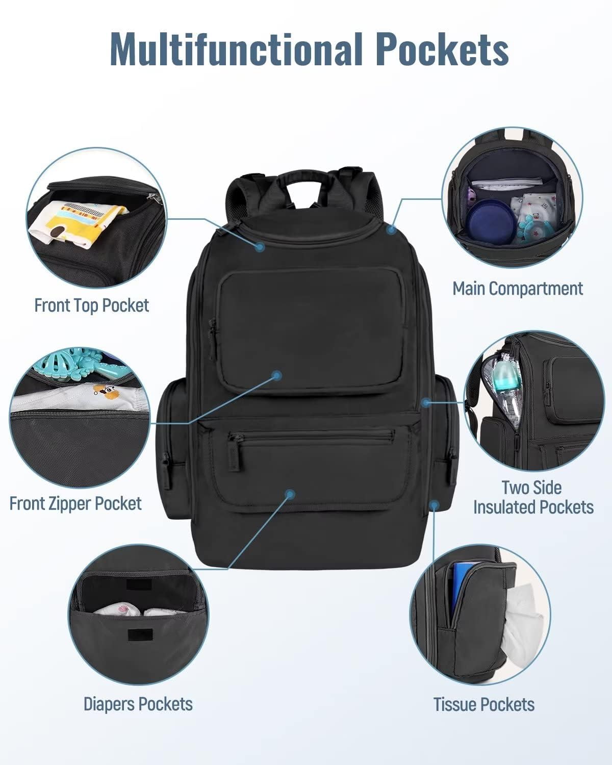 Diaper Bag Backpack, Extra Large Capacity Black Baby Diaper Backpack