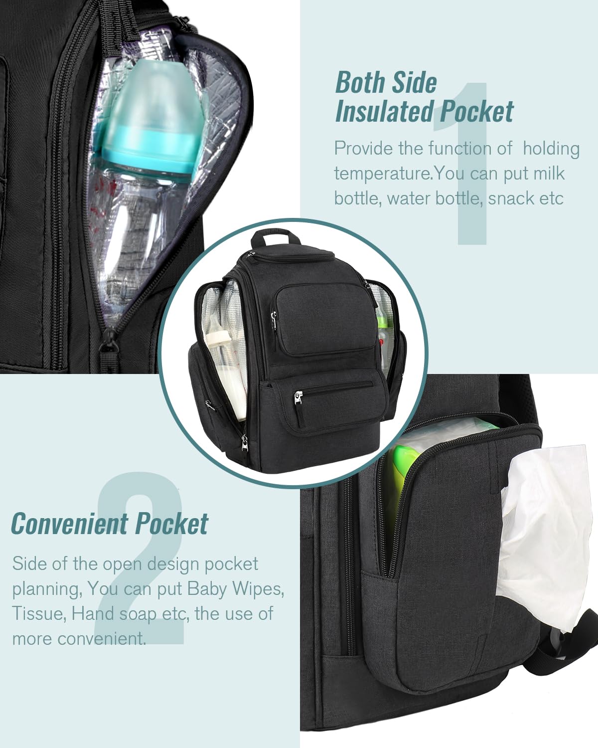 Diaper Bag Backpack, Extra Large Capacity Black Baby Diaper Backpack