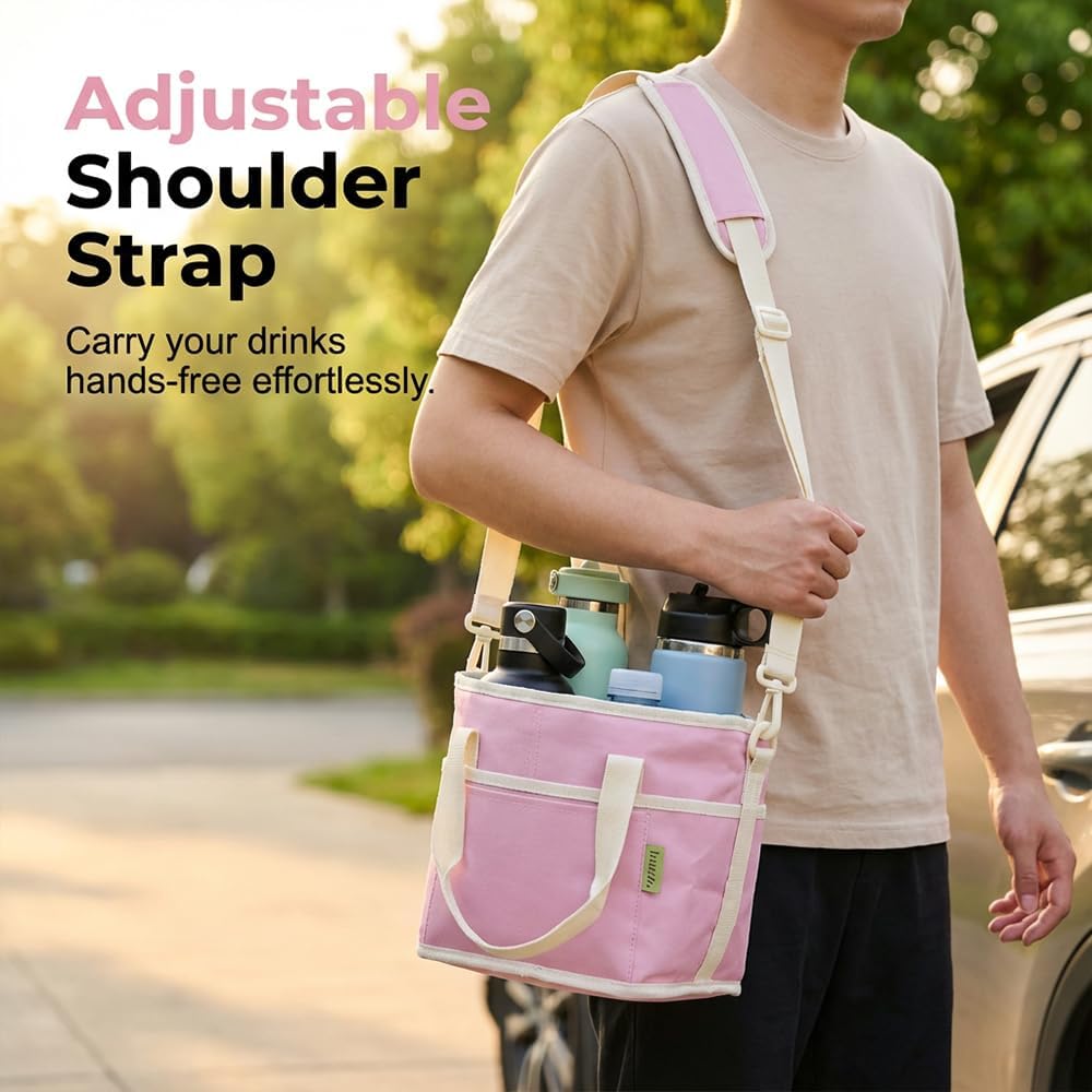 Insulated Drink Carrier Bag for 4 Cups, 2026 New No-Spill Car Drink Carrier Bag, Multiple Tumbler Carrier Caddy, Family Size 4 Compartment Drink Bag, Water Bottle Holder with Adjustable Strap (Pink)