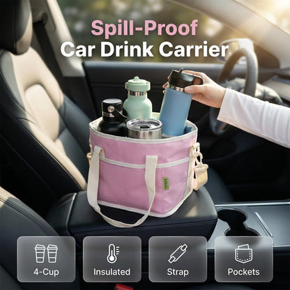 Insulated Drink Carrier Bag for 4 Cups, 2026 New No-Spill Car Drink Carrier Bag, Multiple Tumbler Carrier Caddy, Family Size 4 Compartment Drink Bag, Water Bottle Holder with Adjustable Strap (Pink)
