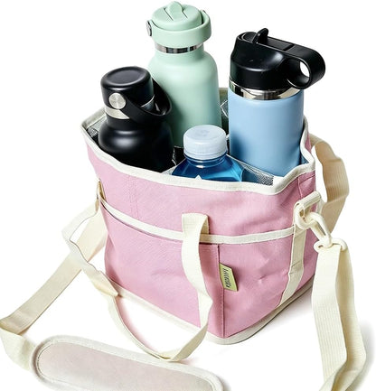 Insulated Drink Carrier Bag for 4 Cups, 2026 New No-Spill Car Drink Carrier Bag, Multiple Tumbler Carrier Caddy, Family Size 4 Compartment Drink Bag, Water Bottle Holder with Adjustable Strap (Pink)