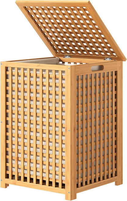 oakvivo Bamboo Laundry Hamper with Lid, 16.9" x 13.4" x 26.8" Wooden Clothes Basket with Removable Liner Bag, Space-Saving Laundry Sorter for Bathroom, Bedroom, and Laundry Room (Natural)
