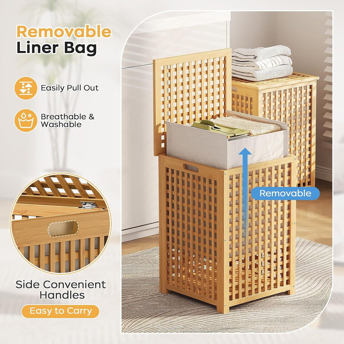 oakvivo Bamboo Laundry Hamper with Lid, 16.9" x 13.4" x 26.8" Wooden Clothes Basket with Removable Liner Bag, Space-Saving Laundry Sorter for Bathroom, Bedroom, and Laundry Room (Natural)