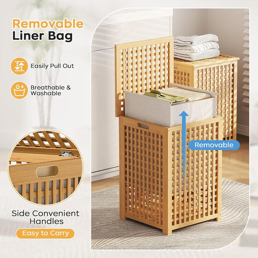 oakvivo Bamboo Laundry Hamper with Lid, 16.9" x 13.4" x 26.8" Wooden Clothes Basket with Removable Liner Bag, Space-Saving Laundry Sorter for Bathroom, Bedroom, and Laundry Room (Natural)