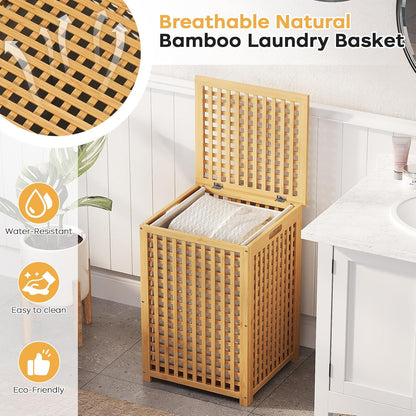 oakvivo Bamboo Laundry Hamper with Lid, 16.9" x 13.4" x 26.8" Wooden Clothes Basket with Removable Liner Bag, Space-Saving Laundry Sorter for Bathroom, Bedroom, and Laundry Room (Natural)