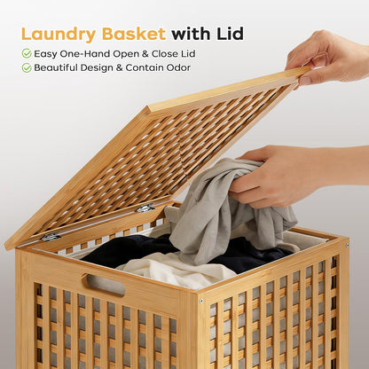 oakvivo Bamboo Laundry Hamper with Lid, 16.9" x 13.4" x 26.8" Wooden Clothes Basket with Removable Liner Bag, Space-Saving Laundry Sorter for Bathroom, Bedroom, and Laundry Room (Natural)