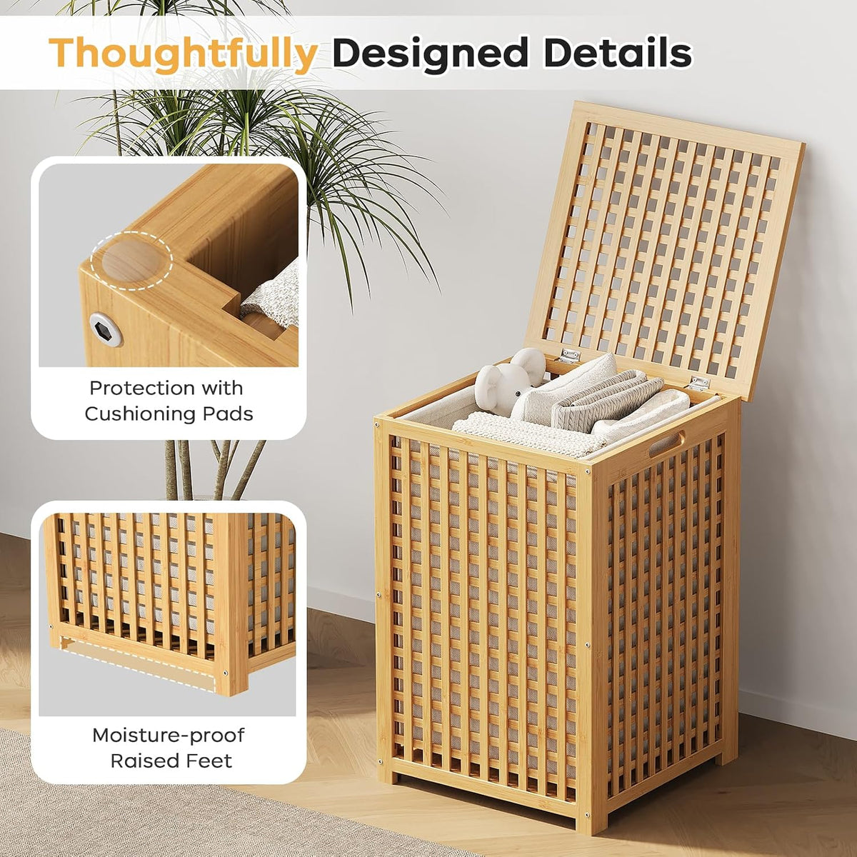 oakvivo Bamboo Laundry Hamper with Lid, 16.9" x 13.4" x 26.8" Wooden Clothes Basket with Removable Liner Bag, Space-Saving Laundry Sorter for Bathroom, Bedroom, and Laundry Room (Natural)