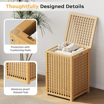 oakvivo Bamboo Laundry Hamper with Lid, 16.9" x 13.4" x 26.8" Wooden Clothes Basket with Removable Liner Bag, Space-Saving Laundry Sorter for Bathroom, Bedroom, and Laundry Room (Natural)