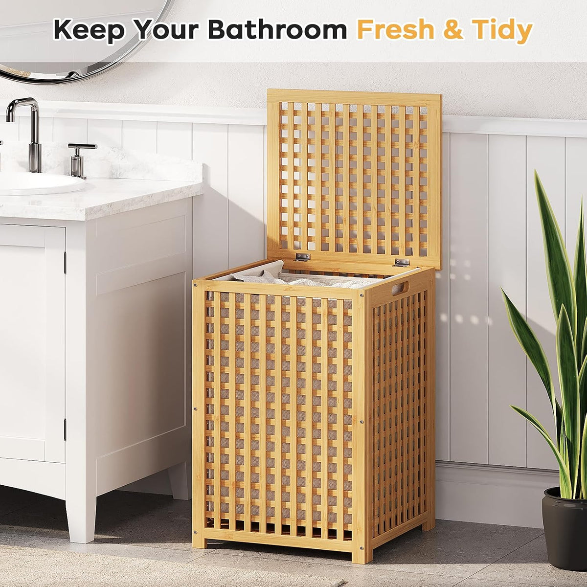 oakvivo Bamboo Laundry Hamper with Lid, 16.9" x 13.4" x 26.8" Wooden Clothes Basket with Removable Liner Bag, Space-Saving Laundry Sorter for Bathroom, Bedroom, and Laundry Room (Natural)
