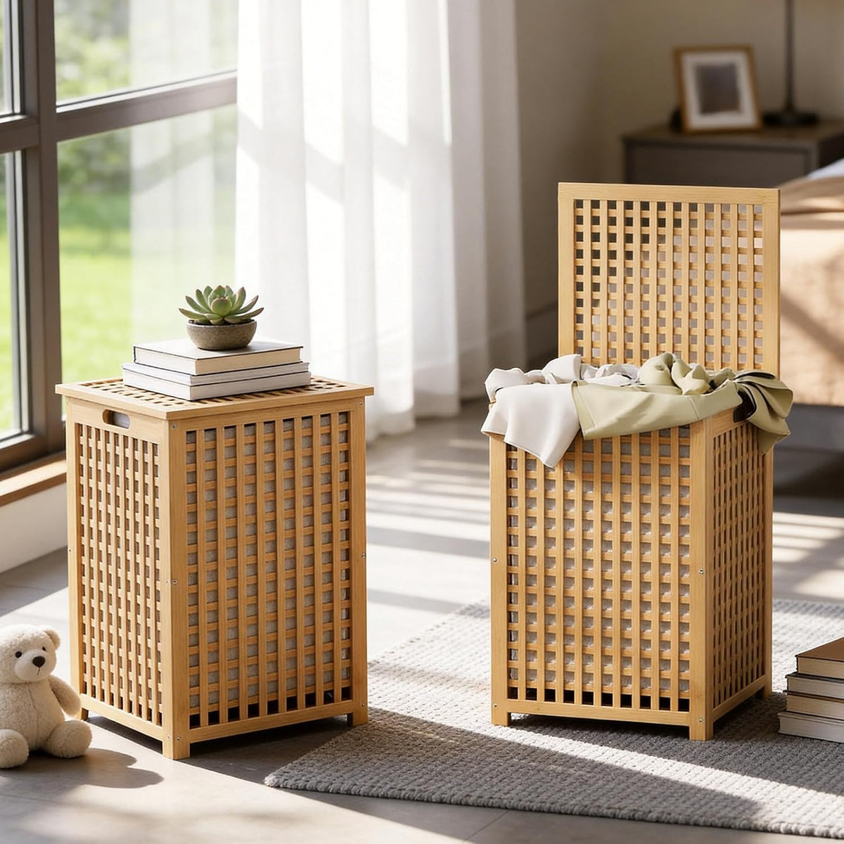 oakvivo Bamboo Laundry Hamper with Lid, 16.9" x 13.4" x 26.8" Wooden Clothes Basket with Removable Liner Bag, Space-Saving Laundry Sorter for Bathroom, Bedroom, and Laundry Room (Natural)
