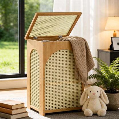 oakvivo Bamboo Laundry Hamper with Lid, 16.9" x 13.4" x 26.8" Wooden Clothes Basket with Removable Liner Bag, Space-Saving Laundry Sorter for Bathroom, Bedroom, and Laundry Room (Natural)
