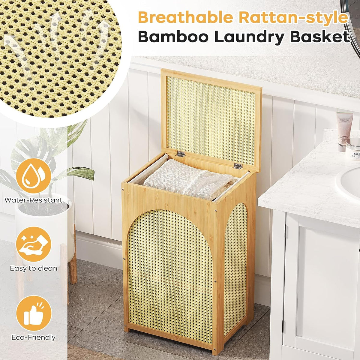 oakvivo Bamboo Laundry Hamper with Lid, 16.9" x 13.4" x 26.8" Wooden Clothes Basket with Removable Liner Bag, Space-Saving Laundry Sorter for Bathroom, Bedroom, and Laundry Room (Natural)