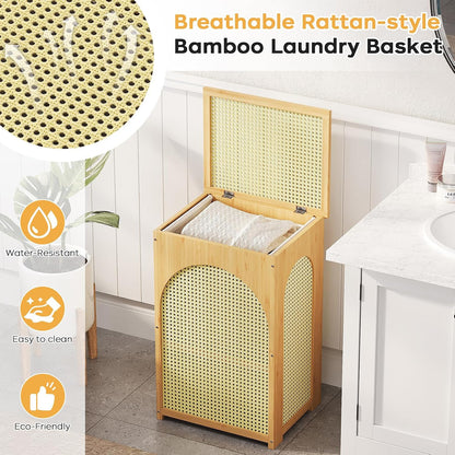 oakvivo Bamboo Laundry Hamper with Lid, 16.9" x 13.4" x 26.8" Wooden Clothes Basket with Removable Liner Bag, Space-Saving Laundry Sorter for Bathroom, Bedroom, and Laundry Room (Natural)