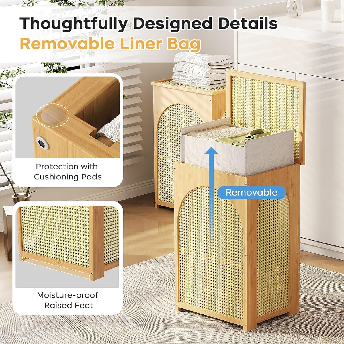 oakvivo Bamboo Laundry Hamper with Lid, 16.9" x 13.4" x 26.8" Wooden Clothes Basket with Removable Liner Bag, Space-Saving Laundry Sorter for Bathroom, Bedroom, and Laundry Room (Natural)