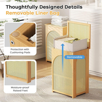 oakvivo Bamboo Laundry Hamper with Lid, 16.9" x 13.4" x 26.8" Wooden Clothes Basket with Removable Liner Bag, Space-Saving Laundry Sorter for Bathroom, Bedroom, and Laundry Room (Natural)