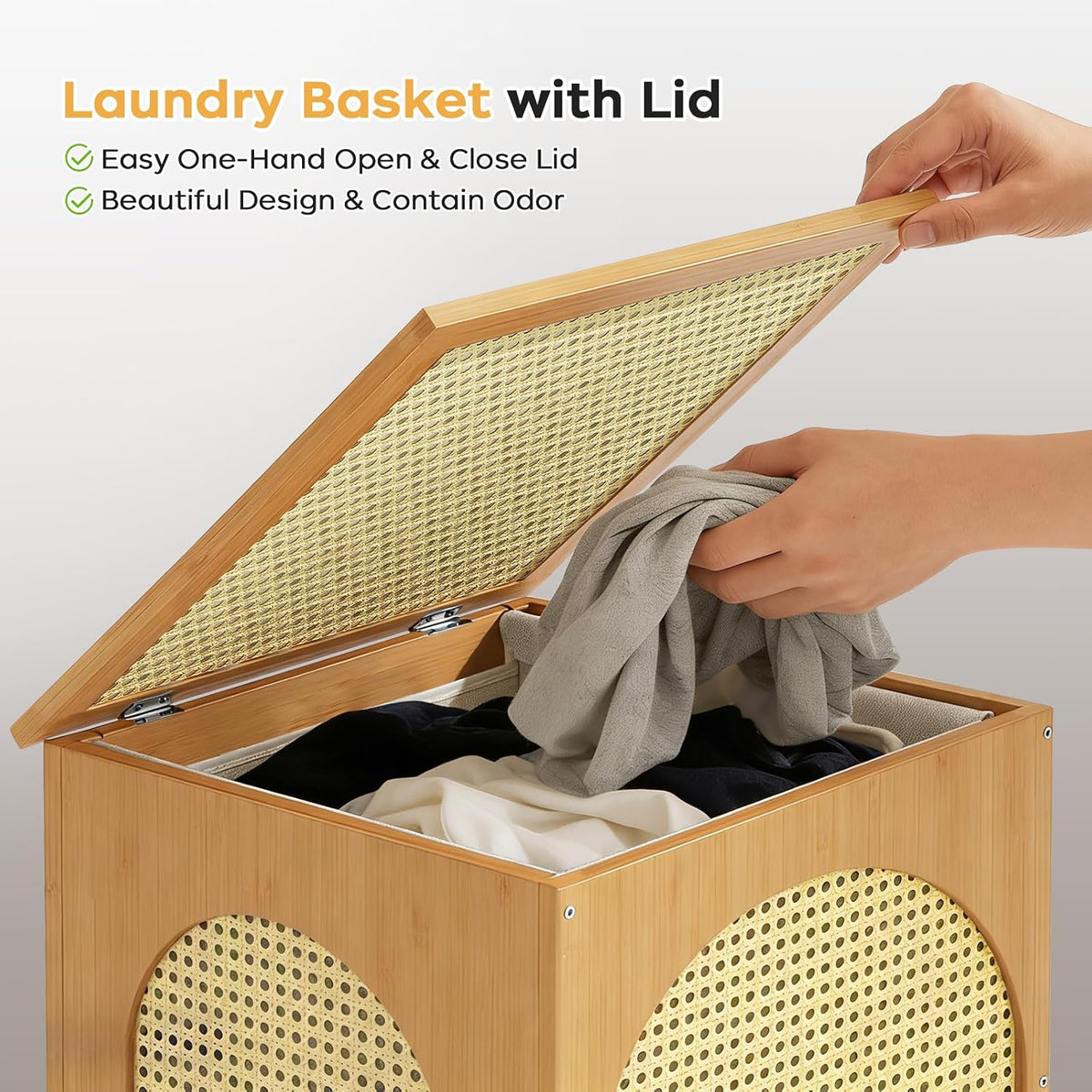 oakvivo Bamboo Laundry Hamper with Lid, 16.9" x 13.4" x 26.8" Wooden Clothes Basket with Removable Liner Bag, Space-Saving Laundry Sorter for Bathroom, Bedroom, and Laundry Room (Natural)
