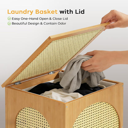 oakvivo Bamboo Laundry Hamper with Lid, 16.9" x 13.4" x 26.8" Wooden Clothes Basket with Removable Liner Bag, Space-Saving Laundry Sorter for Bathroom, Bedroom, and Laundry Room (Natural)