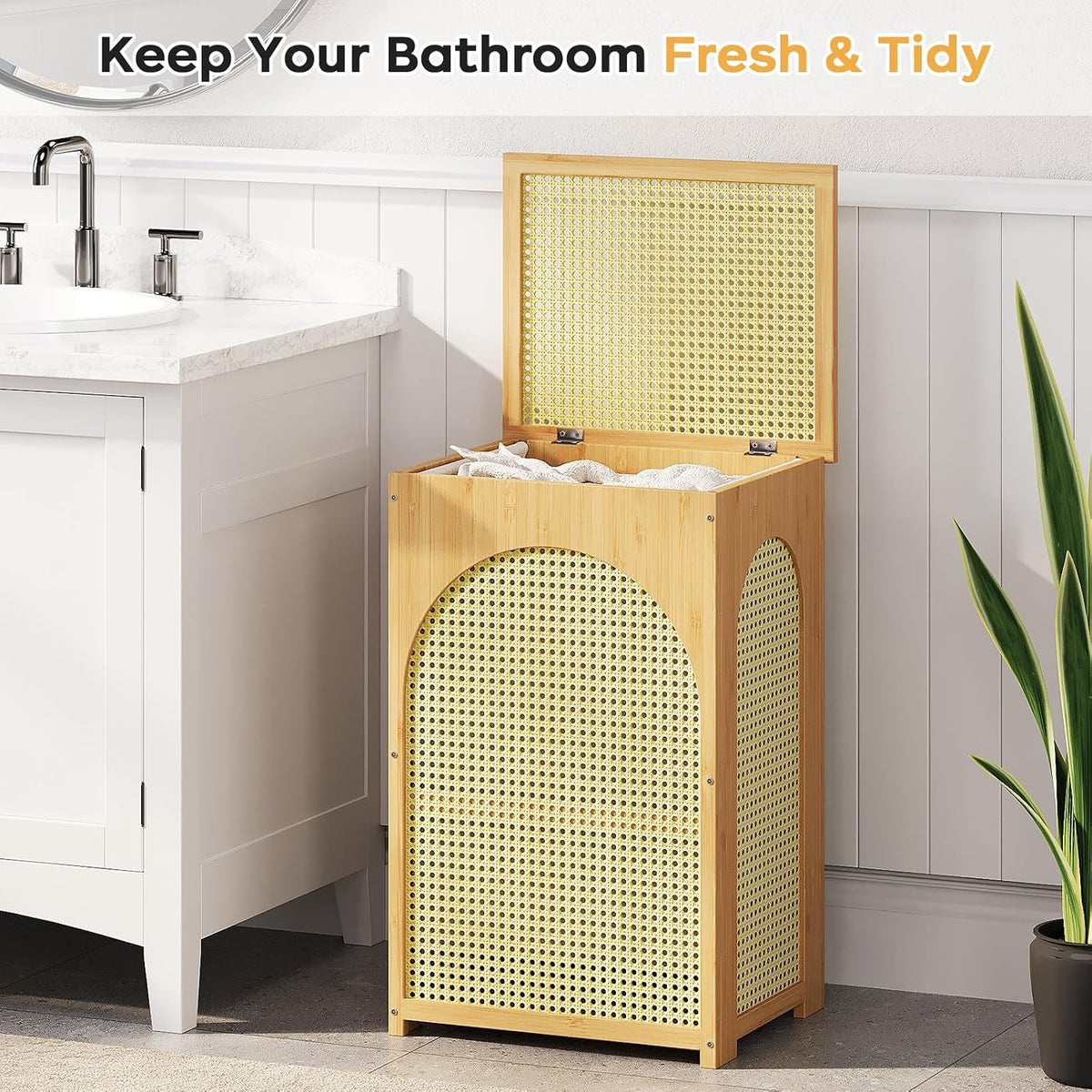 oakvivo Bamboo Laundry Hamper with Lid, 16.9" x 13.4" x 26.8" Wooden Clothes Basket with Removable Liner Bag, Space-Saving Laundry Sorter for Bathroom, Bedroom, and Laundry Room (Natural)