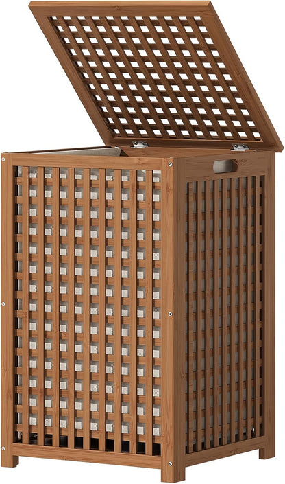 oakvivo Bamboo Laundry Hamper with Lid, 16.9" x 13.4" x 26.8" Wooden Clothes Basket with Removable Liner Bag, Space-Saving Laundry Sorter for Bathroom, Bedroom, and Laundry Room (Natural)