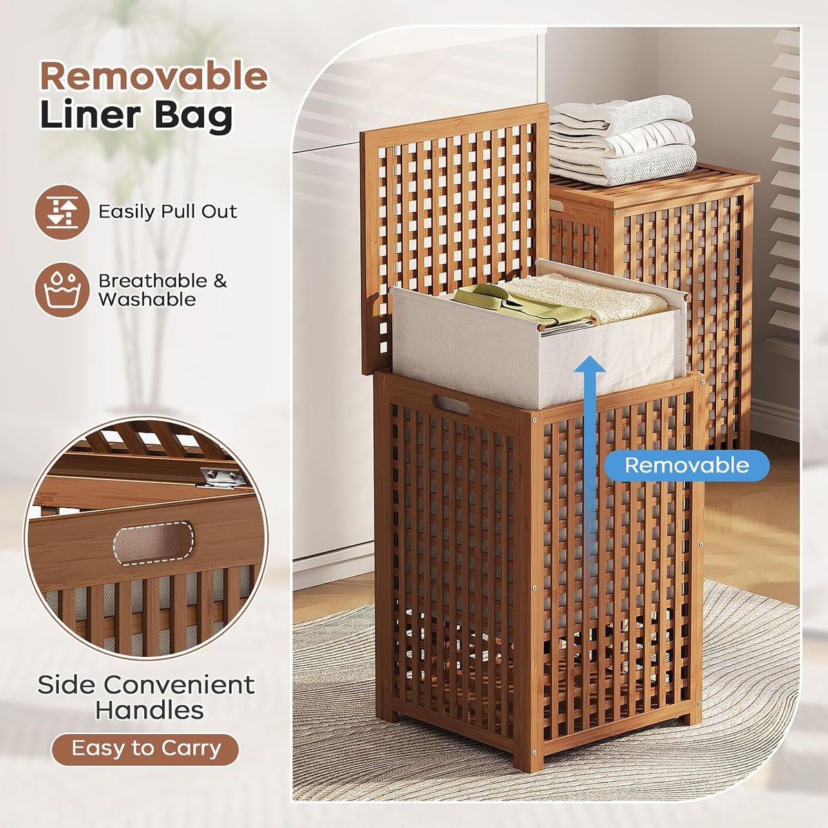 oakvivo Bamboo Laundry Hamper with Lid, 16.9" x 13.4" x 26.8" Wooden Clothes Basket with Removable Liner Bag, Space-Saving Laundry Sorter for Bathroom, Bedroom, and Laundry Room (Natural)