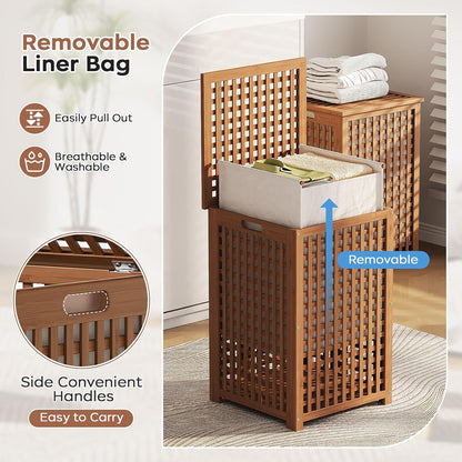 oakvivo Bamboo Laundry Hamper with Lid, 16.9" x 13.4" x 26.8" Wooden Clothes Basket with Removable Liner Bag, Space-Saving Laundry Sorter for Bathroom, Bedroom, and Laundry Room (Natural)