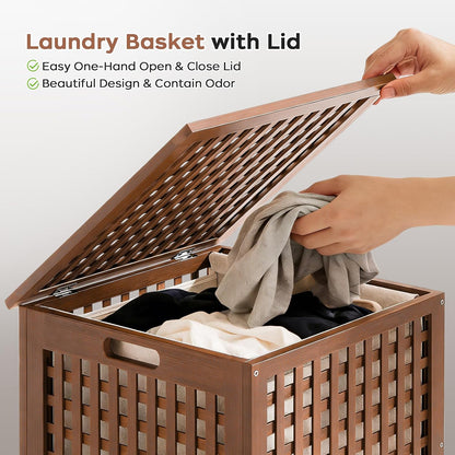 oakvivo Bamboo Laundry Hamper with Lid, 16.9" x 13.4" x 26.8" Wooden Clothes Basket with Removable Liner Bag, Space-Saving Laundry Sorter for Bathroom, Bedroom, and Laundry Room (Natural)