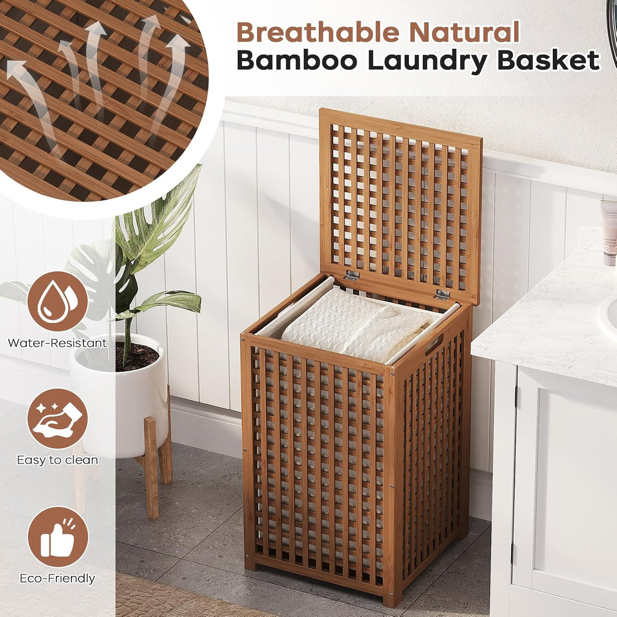 oakvivo Bamboo Laundry Hamper with Lid, 16.9" x 13.4" x 26.8" Wooden Clothes Basket with Removable Liner Bag, Space-Saving Laundry Sorter for Bathroom, Bedroom, and Laundry Room (Natural)