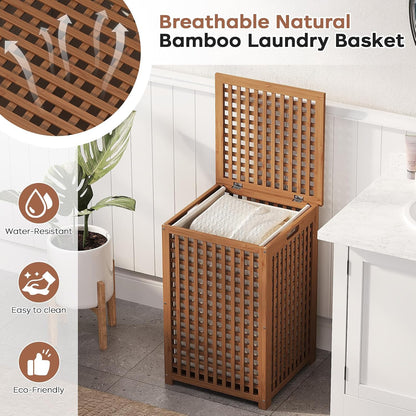 oakvivo Bamboo Laundry Hamper with Lid, 16.9" x 13.4" x 26.8" Wooden Clothes Basket with Removable Liner Bag, Space-Saving Laundry Sorter for Bathroom, Bedroom, and Laundry Room (Natural)