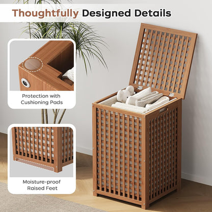 oakvivo Bamboo Laundry Hamper with Lid, 16.9" x 13.4" x 26.8" Wooden Clothes Basket with Removable Liner Bag, Space-Saving Laundry Sorter for Bathroom, Bedroom, and Laundry Room (Natural)
