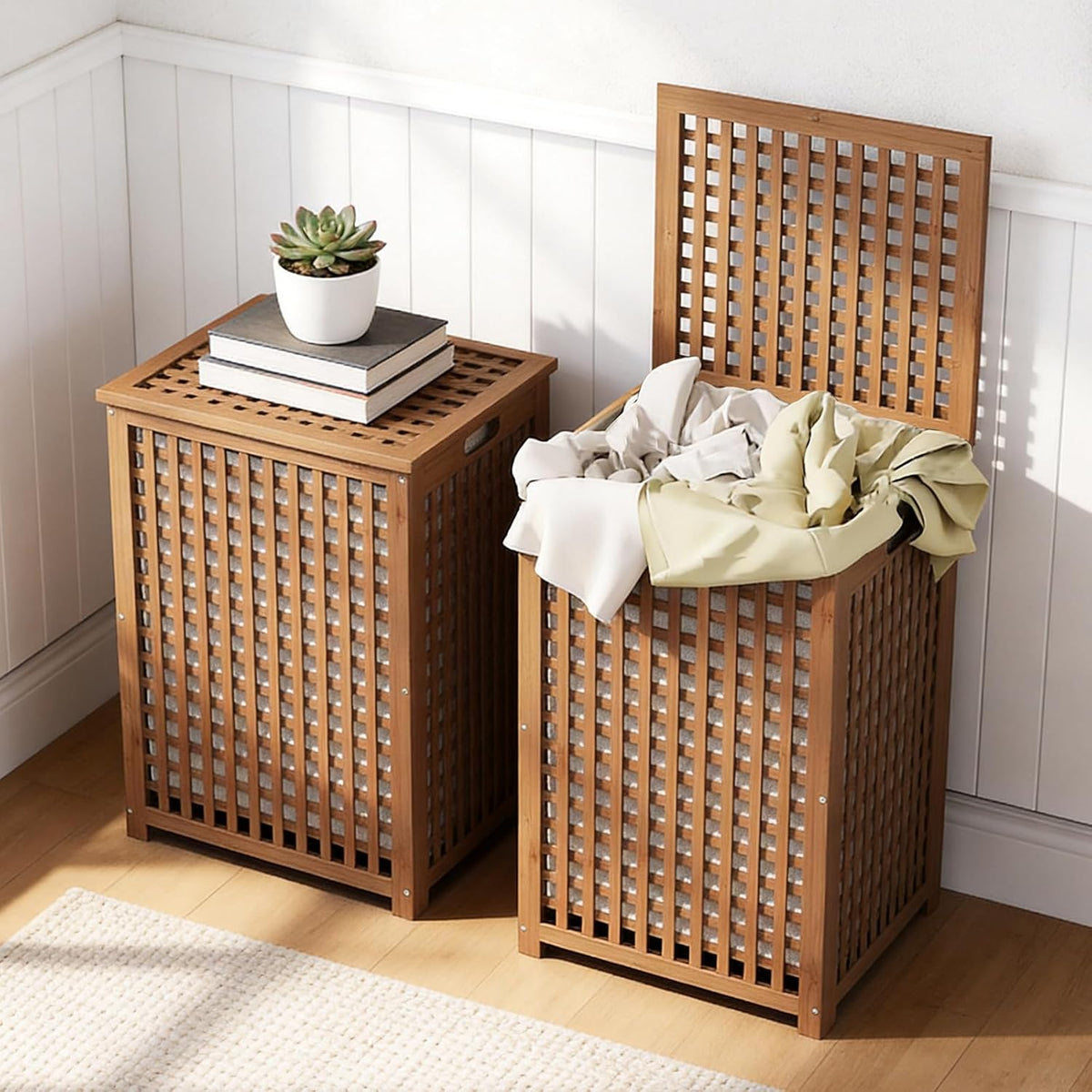 oakvivo Bamboo Laundry Hamper with Lid, 16.9" x 13.4" x 26.8" Wooden Clothes Basket with Removable Liner Bag, Space-Saving Laundry Sorter for Bathroom, Bedroom, and Laundry Room (Natural)