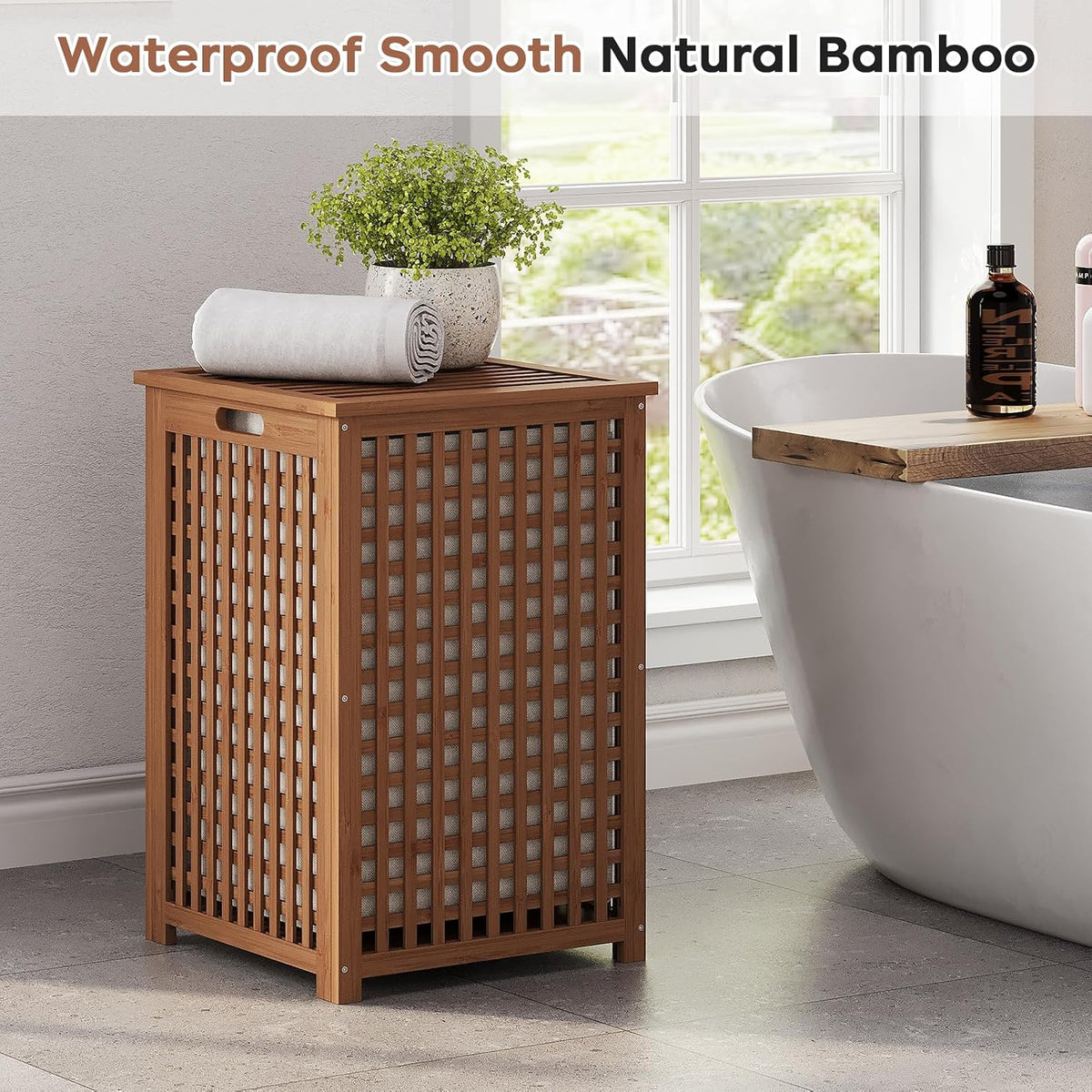 oakvivo Bamboo Laundry Hamper with Lid, 16.9" x 13.4" x 26.8" Wooden Clothes Basket with Removable Liner Bag, Space-Saving Laundry Sorter for Bathroom, Bedroom, and Laundry Room (Natural)